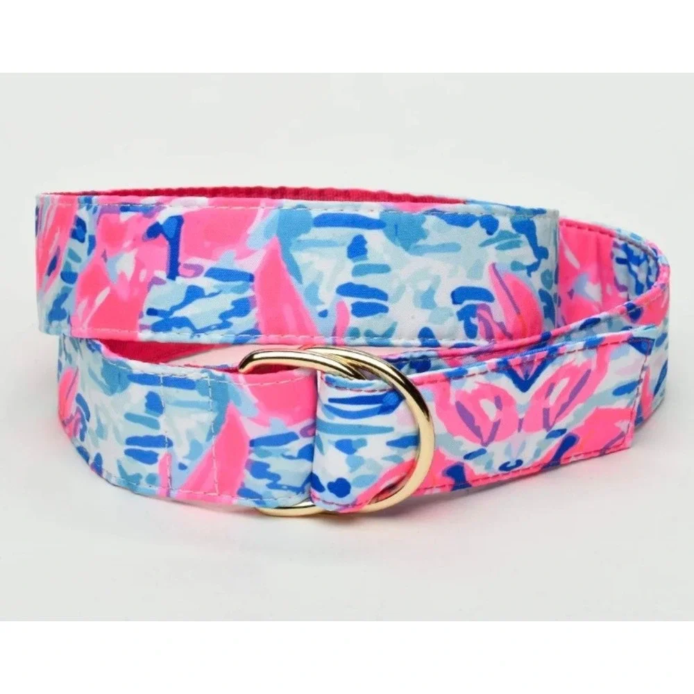 Delta Belt Womens Claws & Tails Pink Blue Floral Canvas D-Ring Belt Size Medium